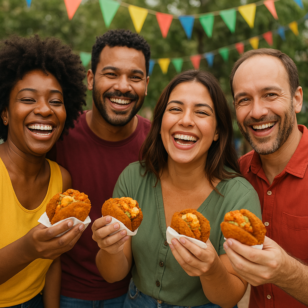 Amigos felizes comendo Acaraje